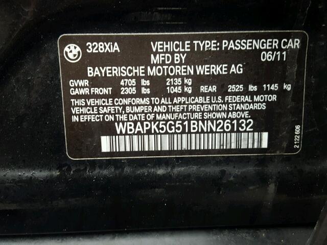 WBAPK5G51BNN26132 - 2011 BMW 328 XI SUL BLACK photo 10