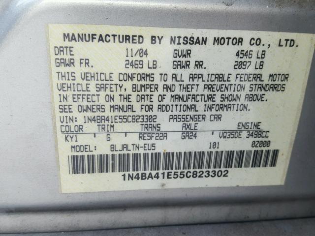 1N4BA41E55C823302 - 2005 NISSAN MAXIMA SE SILVER photo 10