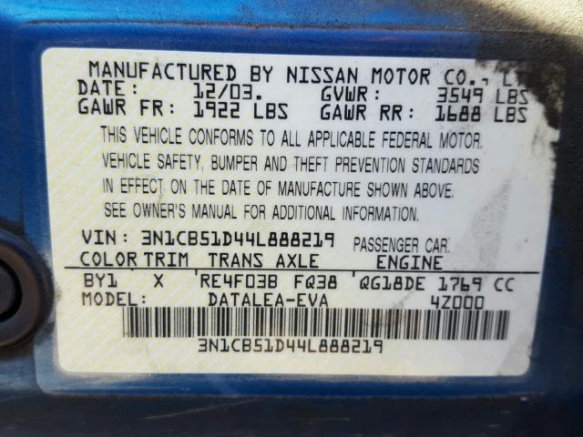 3N1CB51D44L888219 - 2004 NISSAN SENTRA 1.8 BLUE photo 10