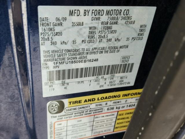 1FMFU18509EB16248 - 2009 FORD EXPEDITION BLUE photo 10