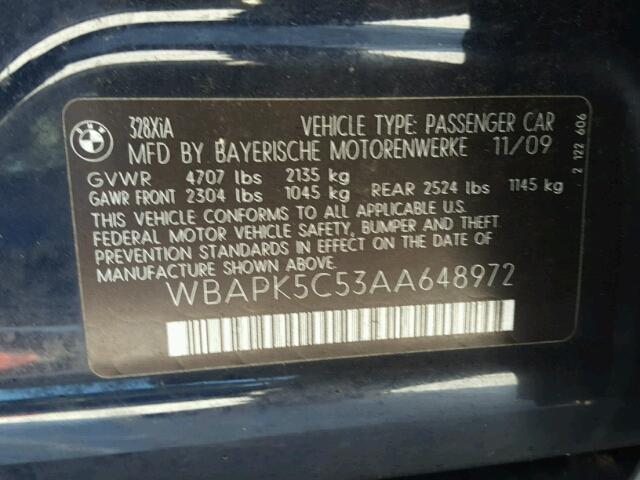 WBAPK5C53AA648972 - 2010 BMW 328 XI SUL BLACK photo 10