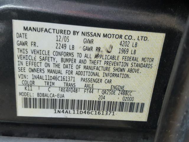 1N4AL11D46C161371 - 2006 NISSAN ALTIMA S GRAY photo 10