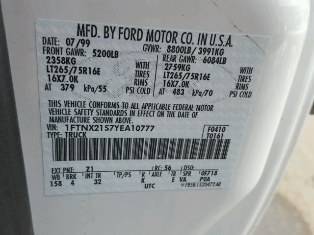 1FTNX21S7YEA10777 - 2000 FORD F250 SUPER WHITE photo 10