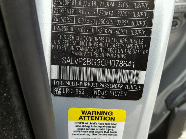 SALVP2BG3GH078641 - 2016 LAND ROVER RANGE ROVE SILVER photo 10