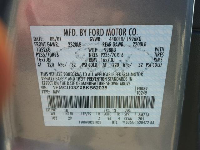 1FMCU03ZX8KB52035 - 2008 FORD ESCAPE XLT GRAY photo 10