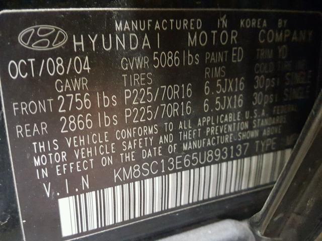 KM8SC13E65U893137 - 2005 HYUNDAI SANTA FE G BLACK photo 10