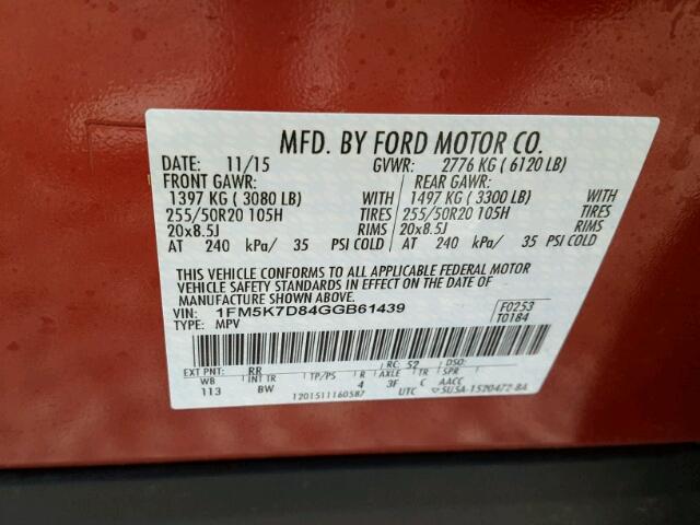 1FM5K7D84GGB61439 - 2016 FORD EXPLORER X RED photo 10