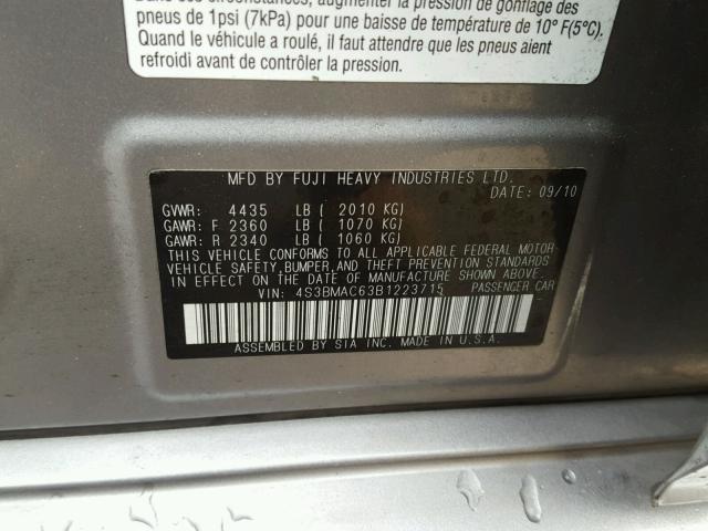 4S3BMAC63B1223715 - 2011 SUBARU LEGACY 2.5 SILVER photo 10