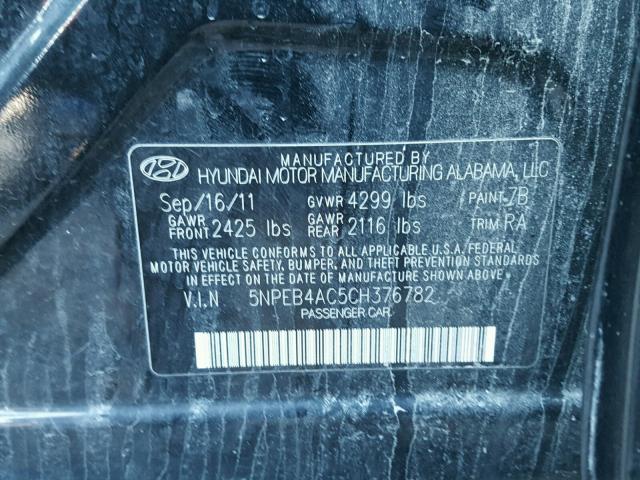 5NPEB4AC5CH376782 - 2012 HYUNDAI SONATA GLS BLACK photo 10