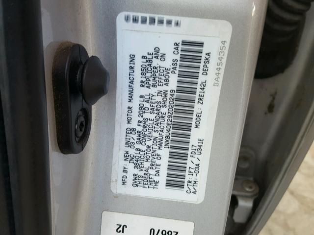 1NXBU40E29Z020249 - 2009 TOYOTA COROLLA BA SILVER photo 10