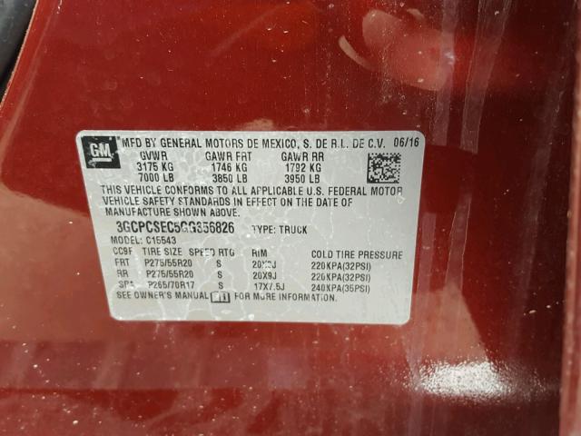 3GCPCSEC5GG356826 - 2016 CHEVROLET SILVERADO RED photo 10