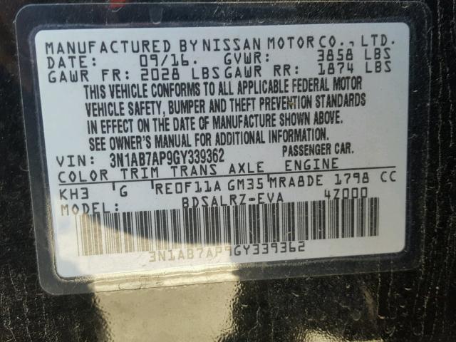 3N1AB7AP9GY339362 - 2016 NISSAN SENTRA S BLACK photo 10