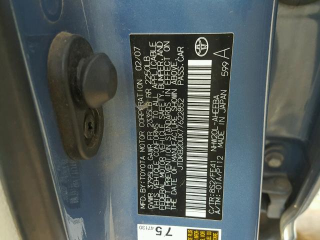 JTDKB20UX77622852 - 2007 TOYOTA PRIUS BLUE photo 10