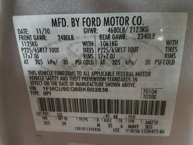 1FMCU9EG8BKB02838 - 2011 FORD ESCAPE LIM GRAY photo 10