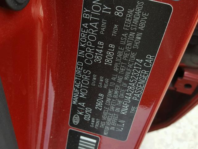 KNAFU4A28A5232174 - 2010 KIA FORTE EX RED photo 10