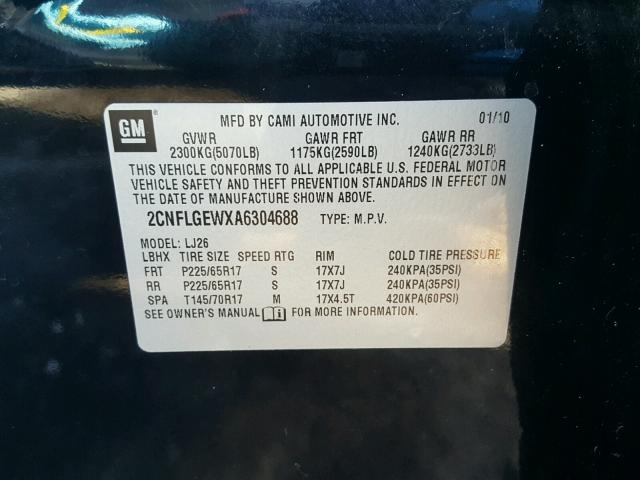 2CNFLGEWXA6304688 - 2010 CHEVROLET EQUINOX LT BLACK photo 10