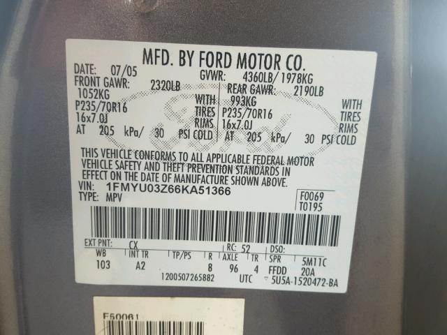 1FMYU03Z66KA51366 - 2006 FORD ESCAPE XLT GRAY photo 10