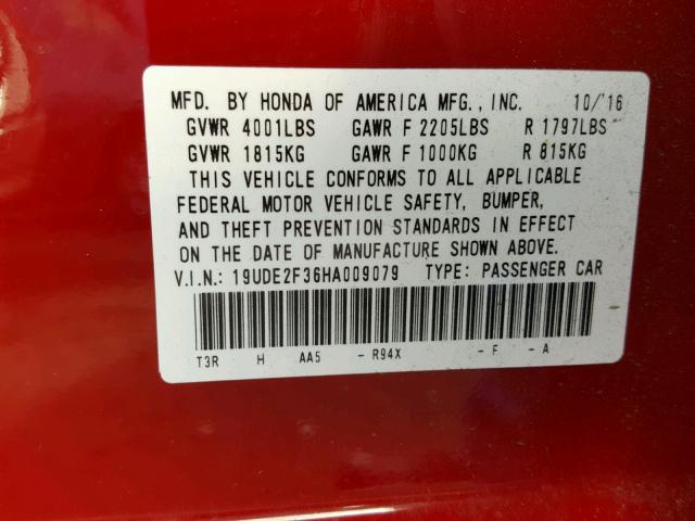 19UDE2F36HA009079 - 2017 ACURA ILX BASE RED photo 10