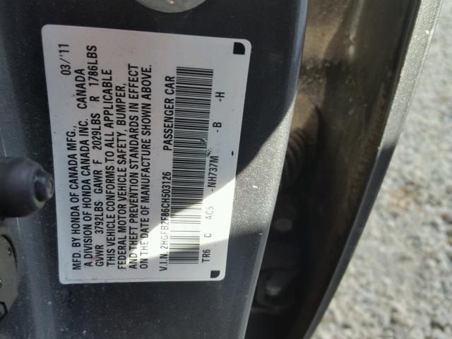 2HGFB2F86CH503126 - 2012 HONDA CIVIC EX Boz foto 10