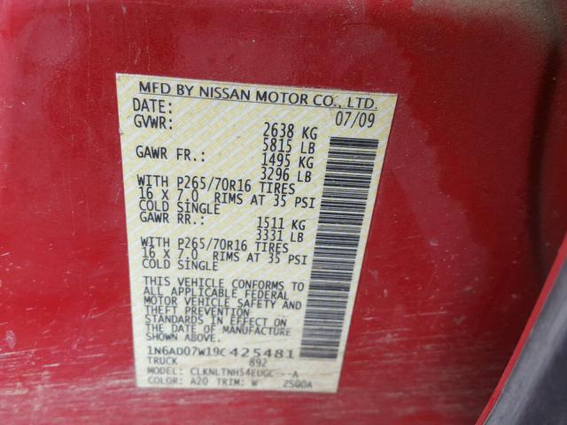 1N6AD07W19C425481 - 2009 NISSAN FRONTIER C RED photo 10