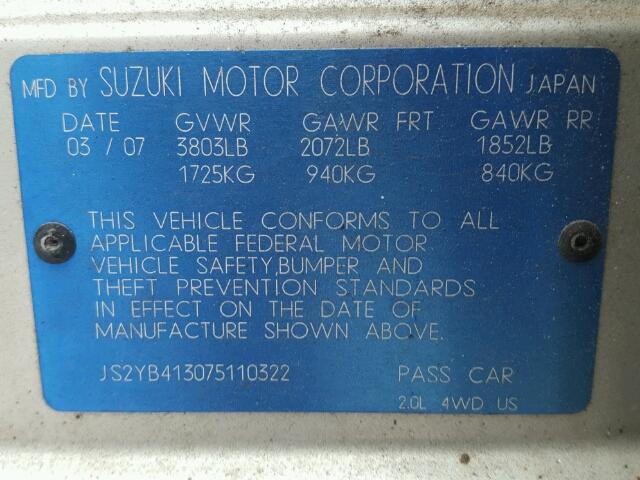 JS2YB413075110322 - 2007 SUZUKI SX4 SILVER photo 10