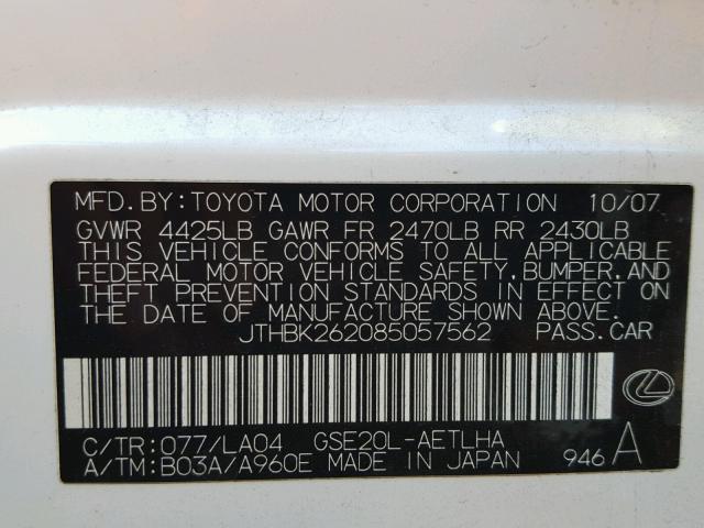 JTHBK262085057562 - 2008 LEXUS IS 250 WHITE photo 10