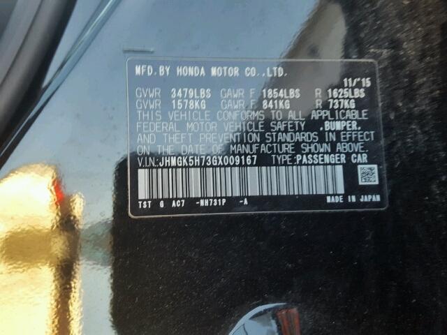 JHMGK5H73GX009167 - 2016 HONDA FIT EX BLACK photo 10