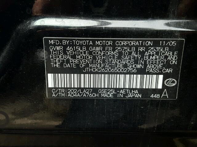 JTHCK262065002756 - 2006 LEXUS IS 250 BLACK photo 10