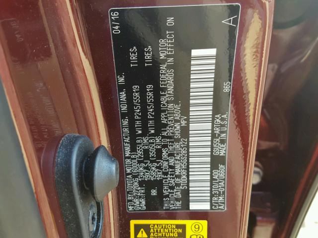 5TDDKRFH5GS285122 - 2016 TOYOTA HIGHLANDER BURGUNDY photo 10