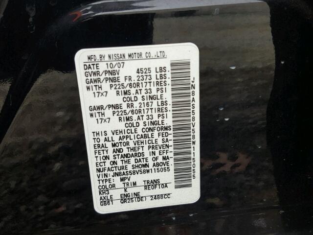 JN8AS58V58W115055 - 2008 NISSAN ROGUE S BLACK photo 10