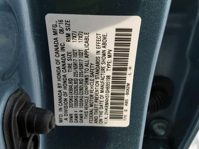 2HKRM4H51GH695198 - 2016 HONDA CR-V EX BLUE photo 10