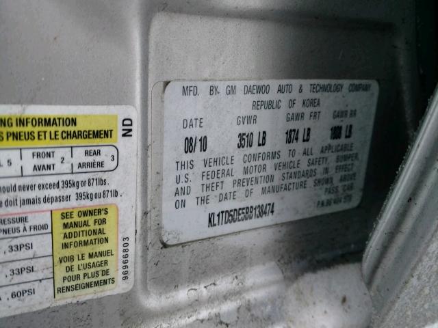 KL1TD5DE5BB138474 - 2011 CHEVROLET AVEO LS SILVER photo 10