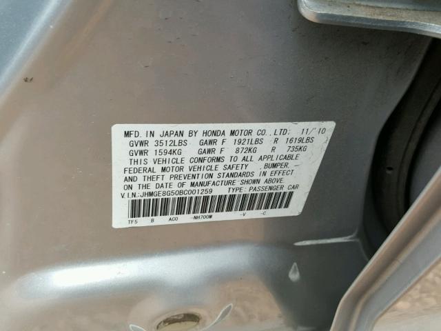 JHMGE8G50BC001259 - 2011 HONDA FIT SPORT SILVER photo 10