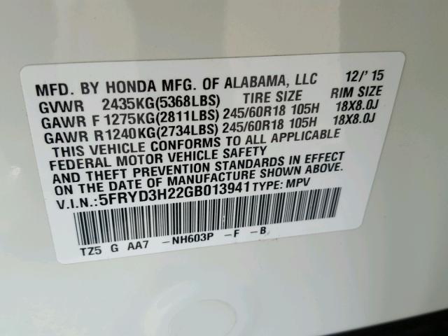 5FRYD3H22GB013941 - 2016 ACURA MDX WHITE photo 10