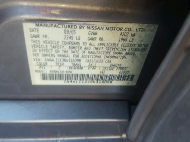 1N4AL11E36N316098 - 2006 NISSAN ALTIMA S GRAY photo 10