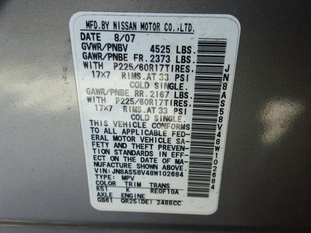 JN8AS58V48W102684 - 2008 NISSAN ROGUE S GRAY photo 10