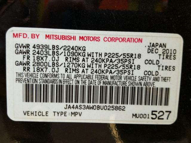 JA4AS3AW0BU025862 - 2011 MITSUBISHI OUTLANDER BLACK photo 10