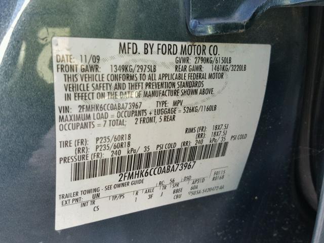 2FMHK6CC0ABA73967 - 2010 FORD FLEX SEL BLUE photo 10