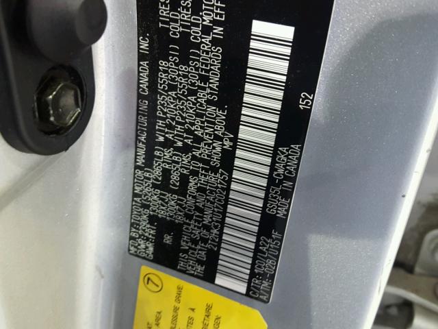 2T2HK31U17C021757 - 2007 LEXUS RX 350 SILVER photo 10