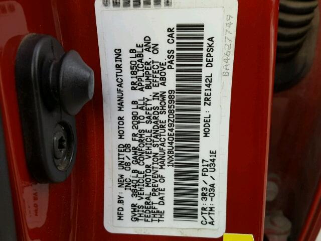 1NXBU40E49Z085989 - 2009 TOYOTA COROLLA BA RED photo 10