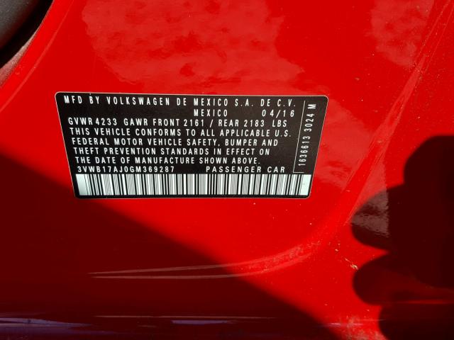 3VWB17AJ0GM369287 - 2016 VOLKSWAGEN JETTA SPOR RED photo 10