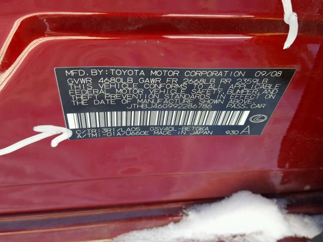 JTHBJ46G992286786 - 2009 LEXUS ES 350 RED photo 10