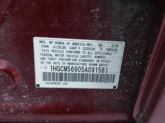 1HGCM56805A091561 - 2005 HONDA ACCORD EX BURGUNDY photo 10