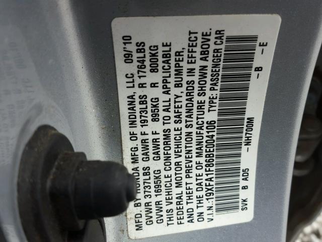 19XFA1F86BE004106 - 2011 HONDA CIVIC EX SILVER photo 10