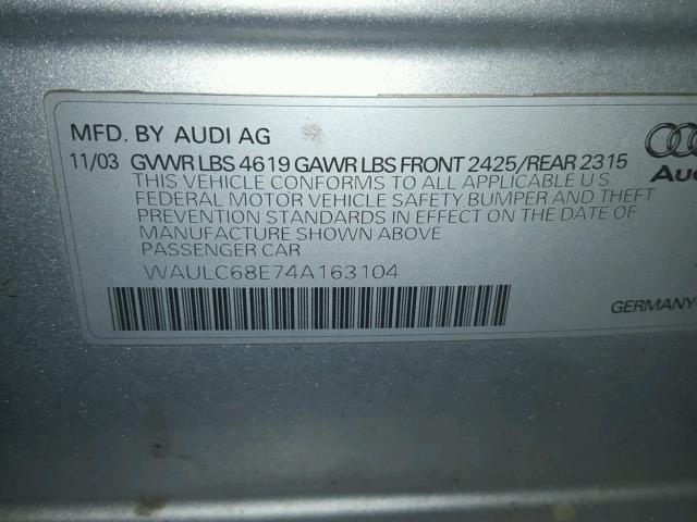 WAULC68E74A163104 - 2004 AUDI A4 1.8T QU SILVER photo 10