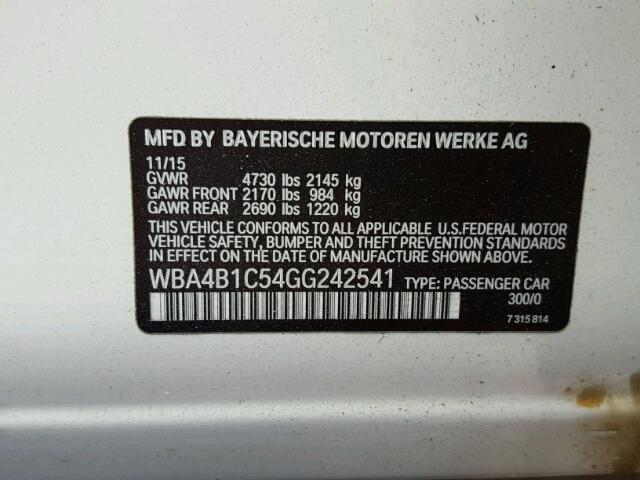 WBA4B1C54GG242541 - 2016 BMW 435 I WHITE photo 10