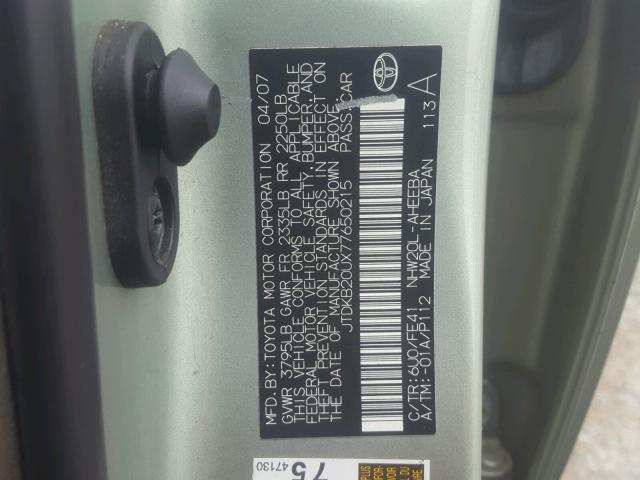 JTDKB20UX77650215 - 2007 TOYOTA PRIUS GREEN photo 10