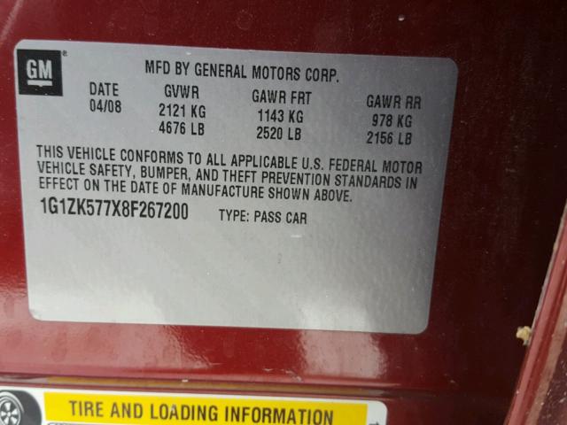 1G1ZK577X8F267200 - 2008 CHEVROLET MALIBU LTZ 栗色 照片 10