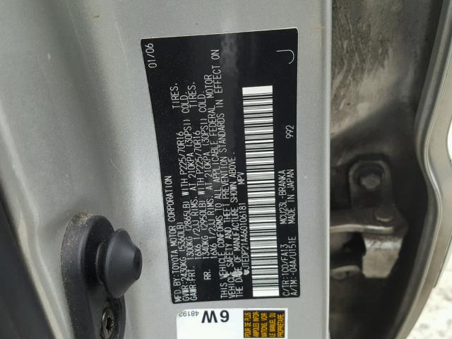 JTEDP21A460106181 - 2006 TOYOTA HIGHLANDER SILVER photo 10