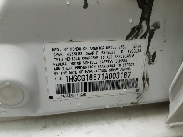 1HGCG16571A003167 - 2001 HONDA ACCORD EX WHITE photo 10